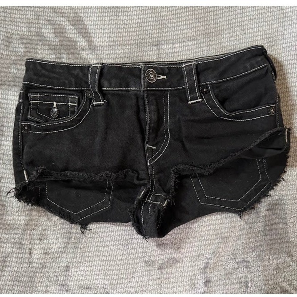 True Religion Spicy Short Black Denim White Stitch Cut Off Shorts Size 26